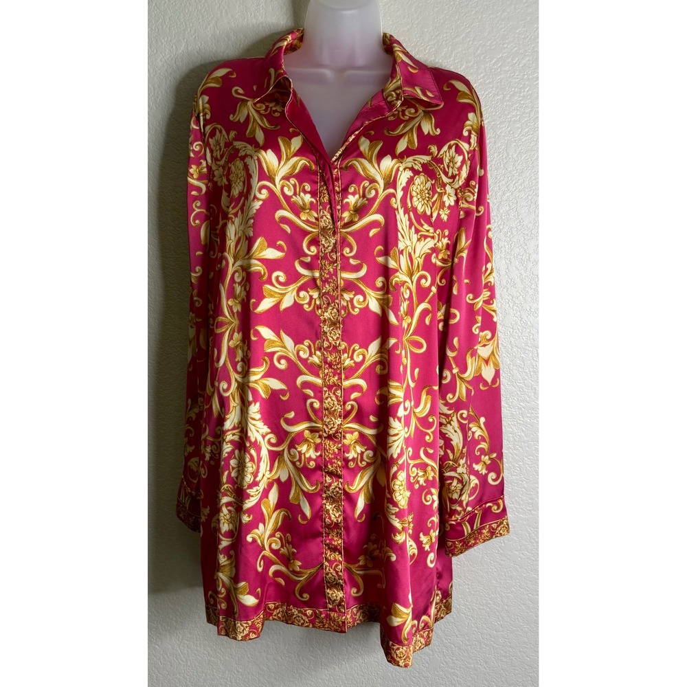 Chicos Womens 3 US 16/18‎ Button Down Tunic Pink Gold Baroque Scroll Print